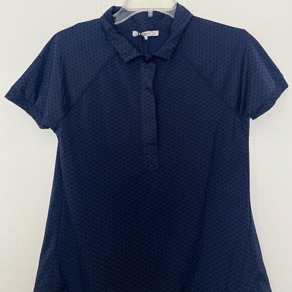NWT L’ETOILE Sport Breezy Polo Shirt Golf Tennis Navy Herringbone Women’s Small - Picture 2 of 10